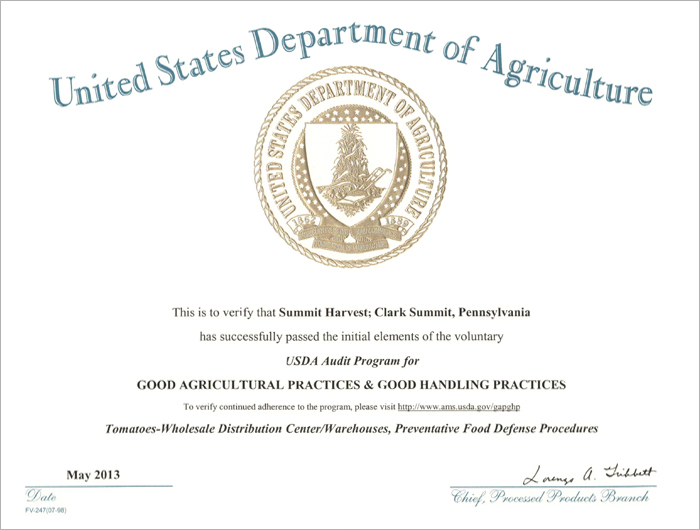 Summit Harvest USDA Certificate